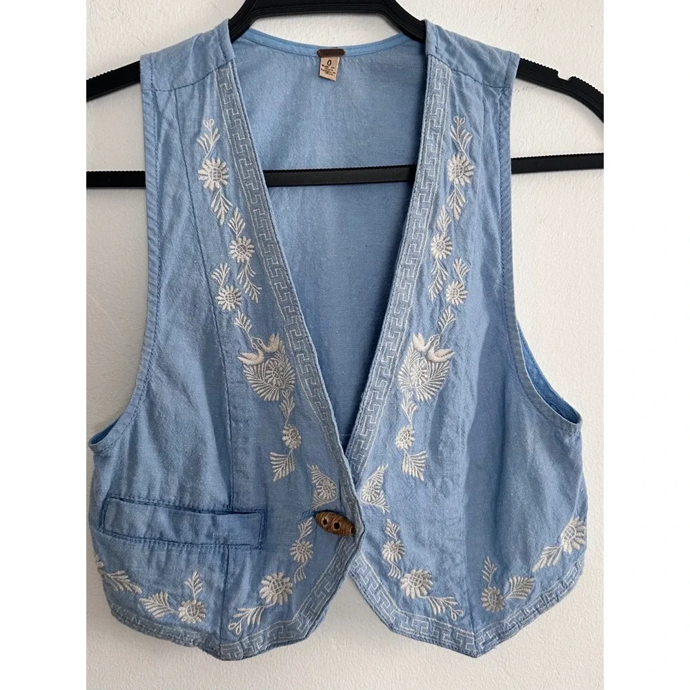 Free People Linen Blend Embroidered Cropped Vest Boho Floral Size 0 Western